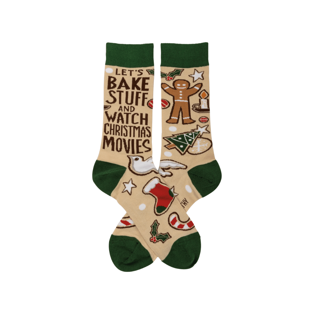 "Let's Bake Stuff and Watch Movies" Christmas Socks, Primitives by Kathy