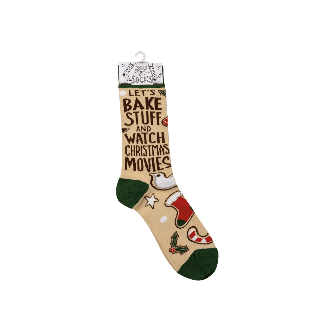 "Let's Bake Stuff and Watch Movies" Christmas Socks, Primitives by Kathy