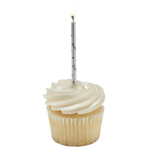 Silver with Black Happy Birthday Print Candles