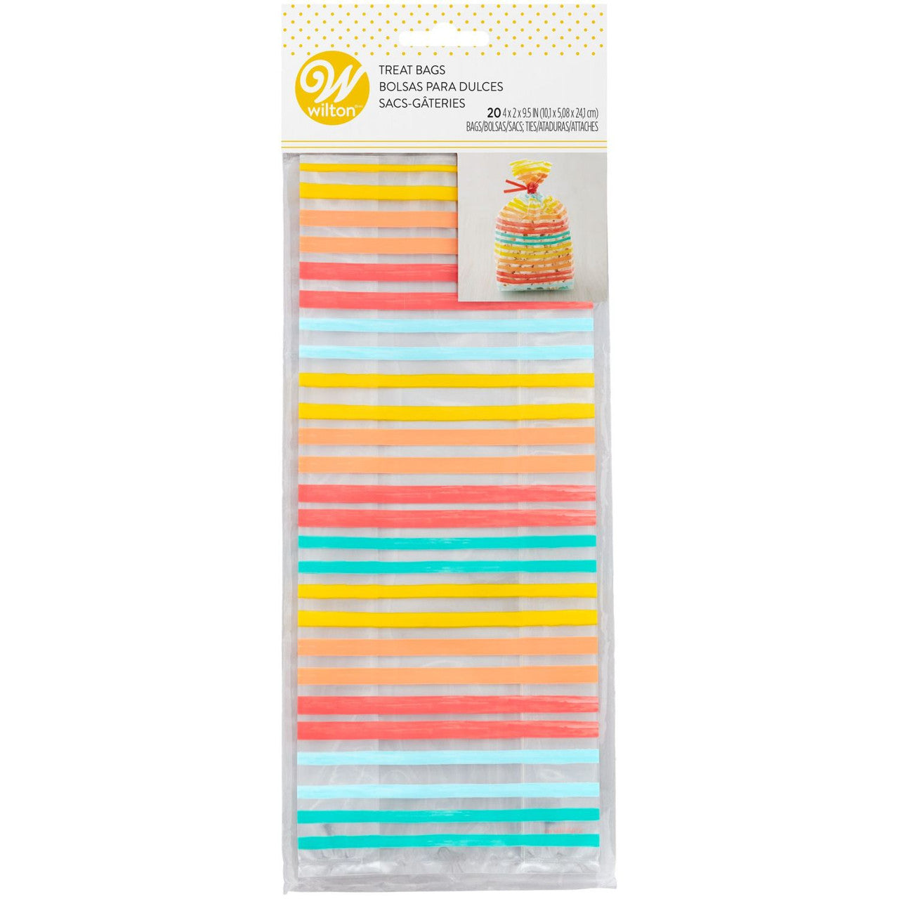 Yellow, Orange, Red and Blue Striped Treat Bags & Ties, 20 count, Wilton
