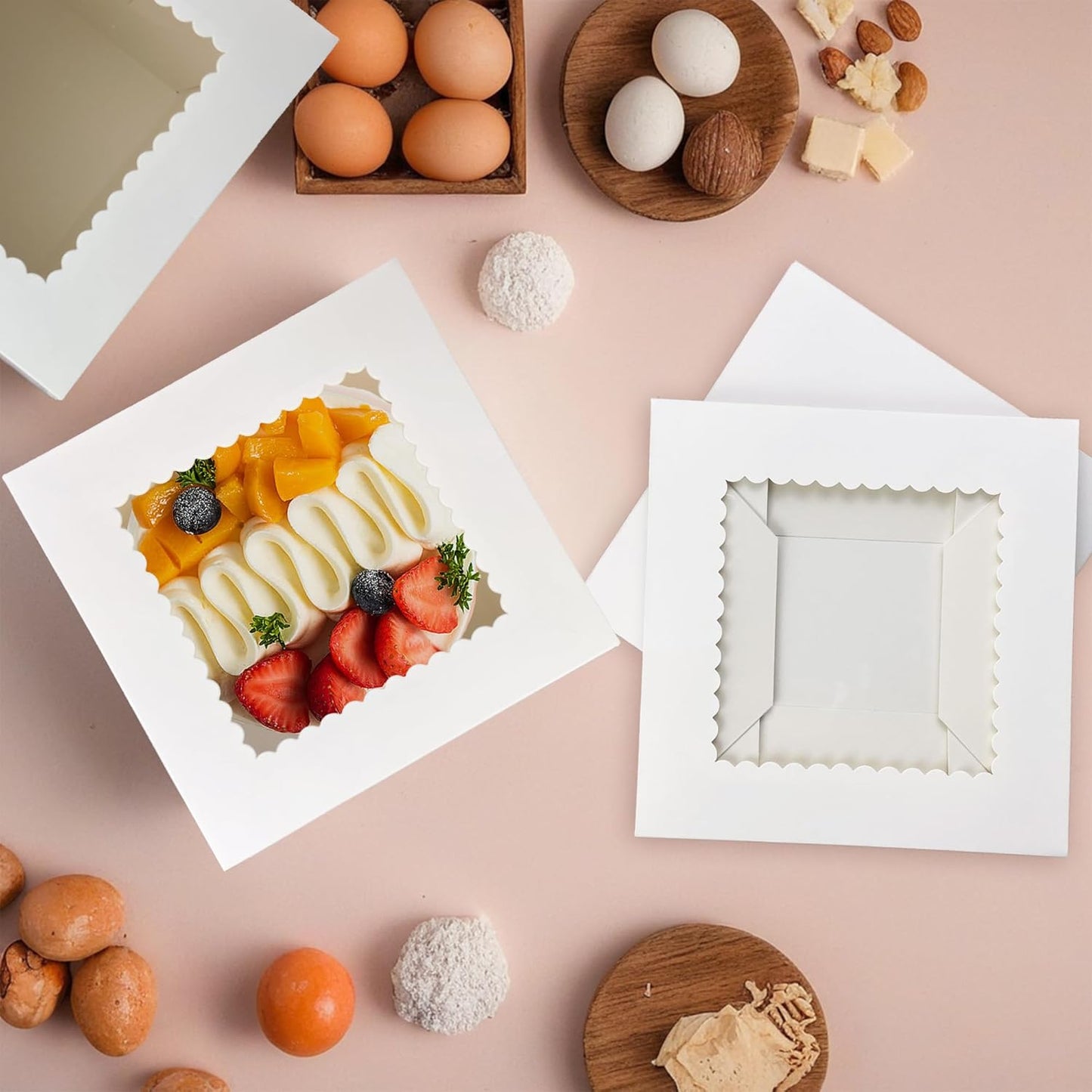 8x8x8 Scalloped White Square Cake Box w/Window
