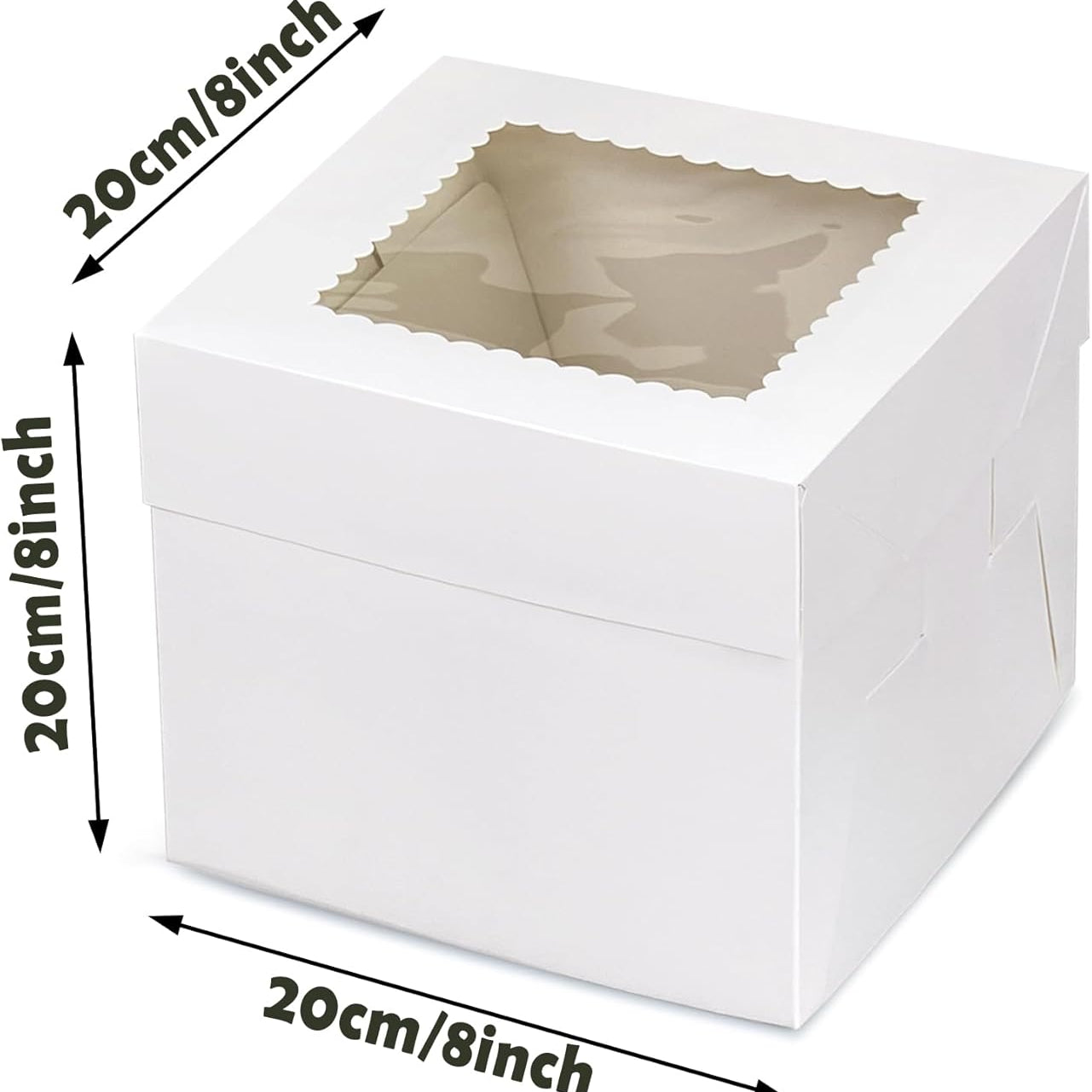 8x8x8 Scalloped White Square Cake Box w/Window
