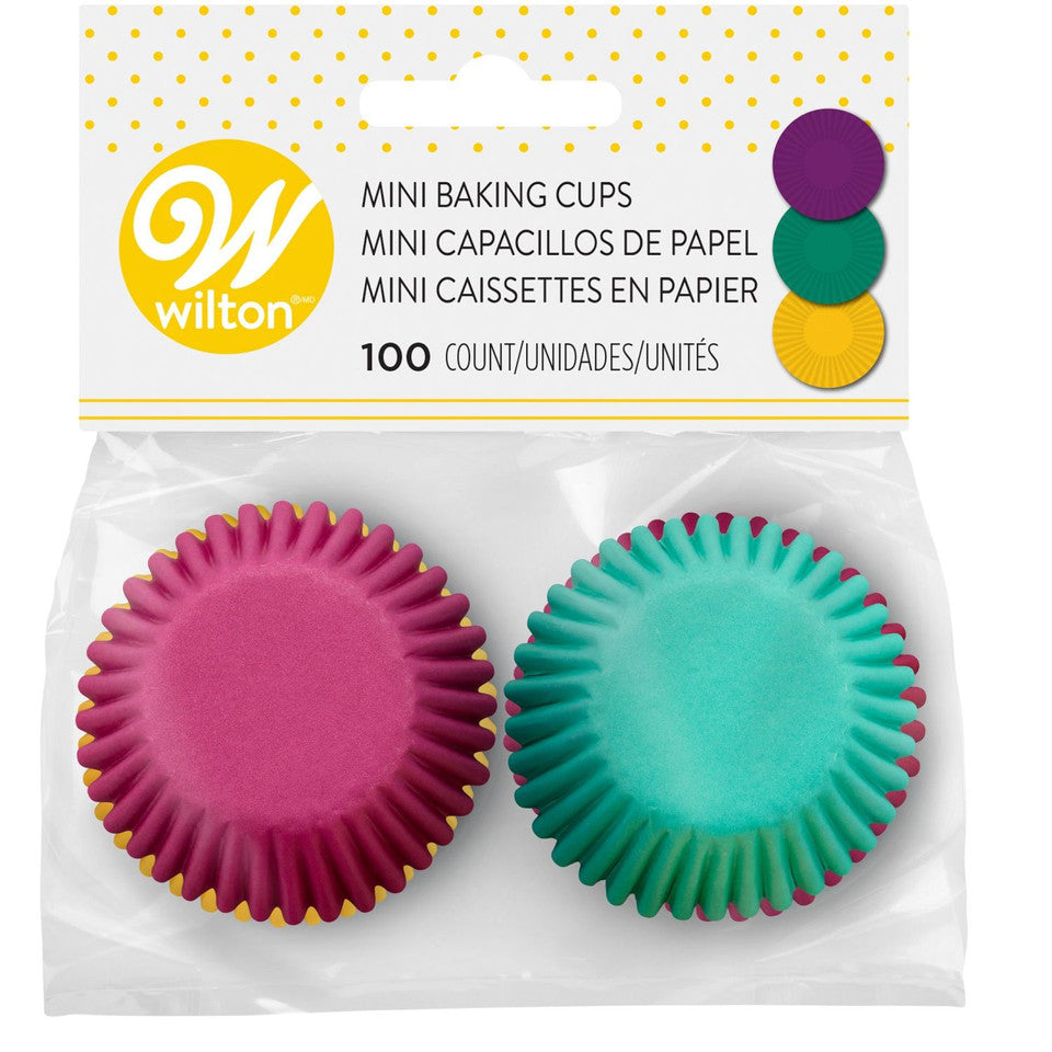 Solid Magenta, Teal and Yellow Mini Paper Cupcake Liners, 100-Count, Wilton
