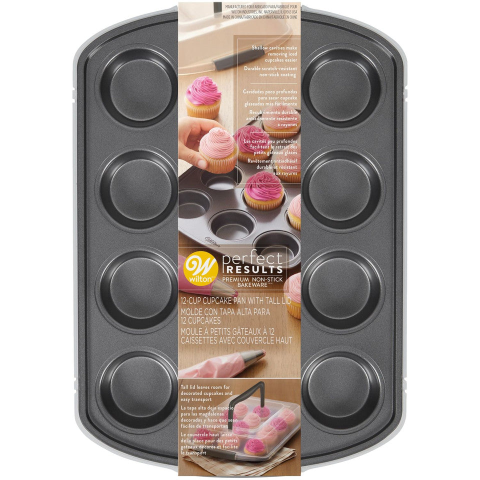 Perfect Results Bakeware Cupcake Pan with Tall Lid, 12-Cup, Wilton