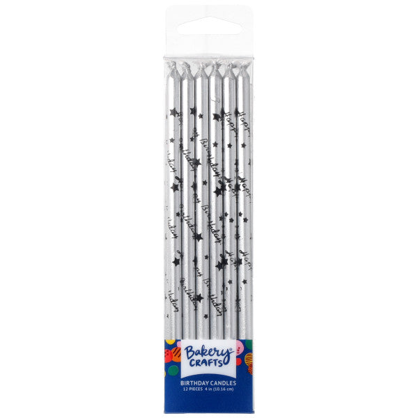 Silver with Black Happy Birthday Print Candles
