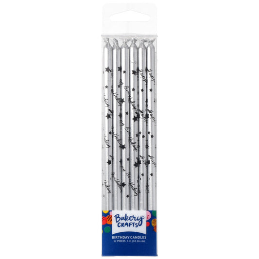 Silver with Black Happy Birthday Print Candles
