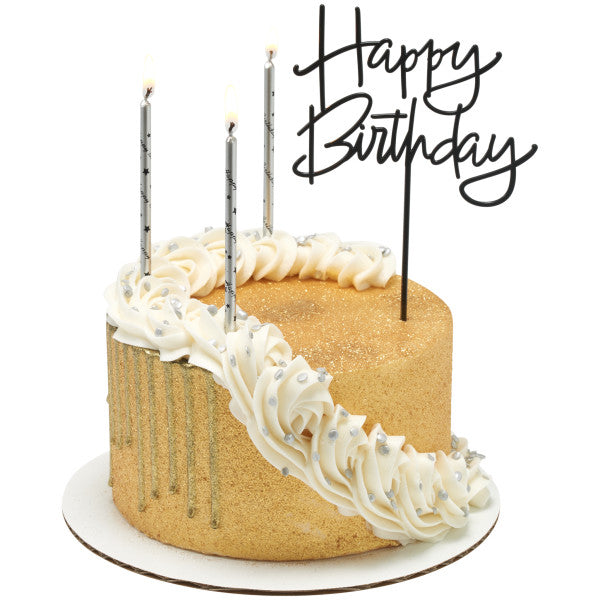 Silver with Black Happy Birthday Print Candles
